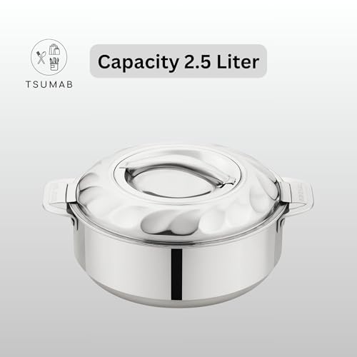 Tsumab Stainless Steel Casserole with Lid, 2.5 Liter, 20 cm Diameter, Double Wall Insulated Hotpot, Keeps Food Hot & Fresh, Durable Heavy Duty, Ideal for Roti, Rice, Curry, Biryani, Silver Finish - Image 2