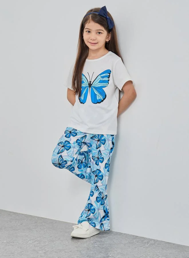 Take Two Take Two Butterfly Print Round Neck T-Shirt and Pants Set