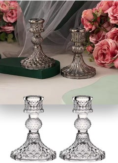 Taper Candle Holders Set of 2, Clear Glass Candlestick Holder Fit 0.8 Inch Candles, 4 Inch Tall Crystal Decorative Candle Stand Centerpiece for Table Wedding Dinning Party