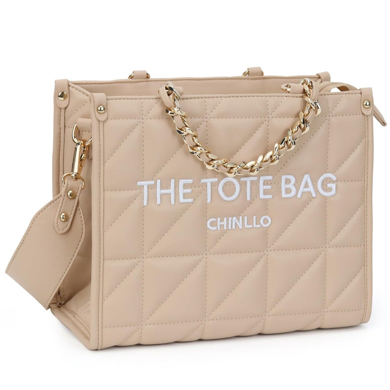 Chinllo Tote Bag for Women Quilted Chains Satchel Purse and Handbags with Shoulder Strap (E.Khaki-S) - Image 1