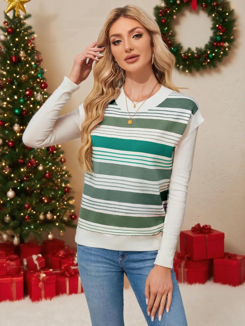 FireSwan Womens Cap Sleeve Sweater Vest Striped Color Block Loose Tank Tops Trendy Vacation Outfits Cute Summer Spring Top A-Green - Image 4