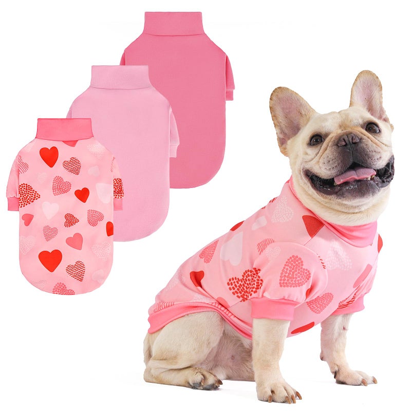 KOOLTAIL Valentine's Day Dog Sweater for Small Dogs, 3 Pack Fleece Puppy Shirt Turtleneck Pullover Clothes with Love Heart Partten, Fuzzy Soft Warm Pet Winter Cold Weather Coat, Girl Boy, Pink SM - Image 1