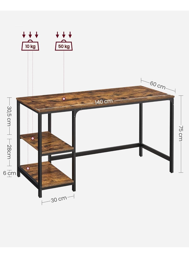 VASAGLE Industrial Computer Desk with 2 Adjustable Shelves, Writing and Work Table for Home Office, Living Room, Study Room, Rust Brown Engineered Wood Top with Black Steel Frame, Compact and Sturdy 140 x 60 x 75 cm - Image 3