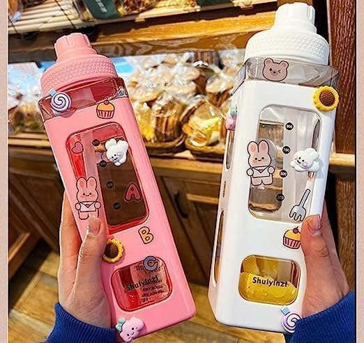 Bhuma Large Kawaii Water Bottle With Straw And 3D Stickers Cute Aesthetic Bottle Kawaii Milk Bottle Tea Cup Juice Shaker Portable Silicone Multicolor 1Pcs - Image 2