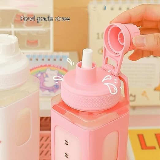 Bhuma Large Kawaii Water Bottle With Straw And 3D Stickers Cute Aesthetic Bottle Kawaii Milk Bottle Tea Cup Juice Shaker Portable Silicone Multicolor 1Pcs - Image 5