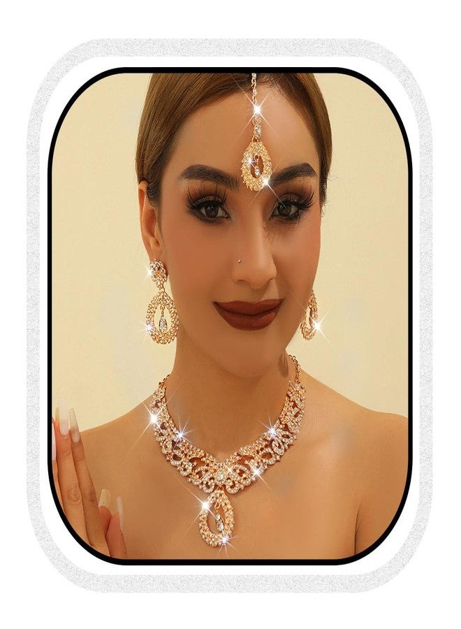 Unicra Rhinestone Gold Indian Jewelry Sets Wedding Bollywood Necklace Earrings Forehead Chain Set Formal Prom Costume Jewelry Set for Women and Brides (Gold) - Image 1