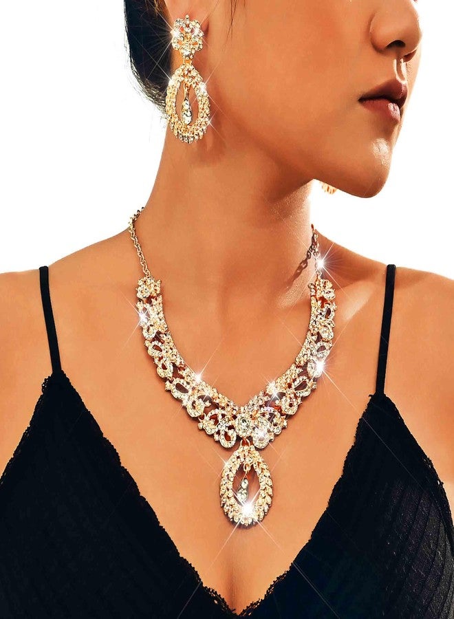 Unicra Rhinestone Gold Indian Jewelry Sets Wedding Bollywood Necklace Earrings Forehead Chain Set Formal Prom Costume Jewelry Set for Women and Brides (Gold) - Image 4