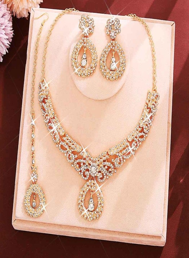 Unicra Rhinestone Gold Indian Jewelry Sets Wedding Bollywood Necklace Earrings Forehead Chain Set Formal Prom Costume Jewelry Set for Women and Brides (Gold) - Image 2