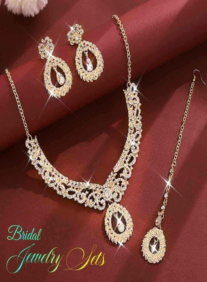 Unicra Rhinestone Gold Indian Jewelry Sets Wedding Bollywood Necklace Earrings Forehead Chain Set Formal Prom Costume Jewelry Set for Women and Brides (Gold) - Image 3