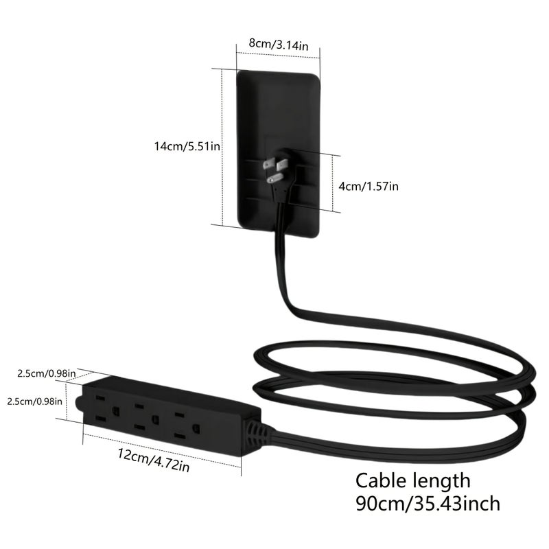 1 Pack Black Flat Plug Power Strip With Cover Thin 3 Ft Extension Cord Socket Extender 3 Outlets Universal For Kitchen Behind Furniture ETL Listed 16AWG - Image 2