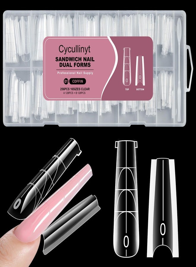 Cycullinyt Poly Nail Gel Sandwich Nail Form Dual System, 256PCS Coffin Reusable Top & Bottom Forms with Guide Lines & Side Locking Clips, 16 Sizes for Stable Apex Nail Extensions - Image 1
