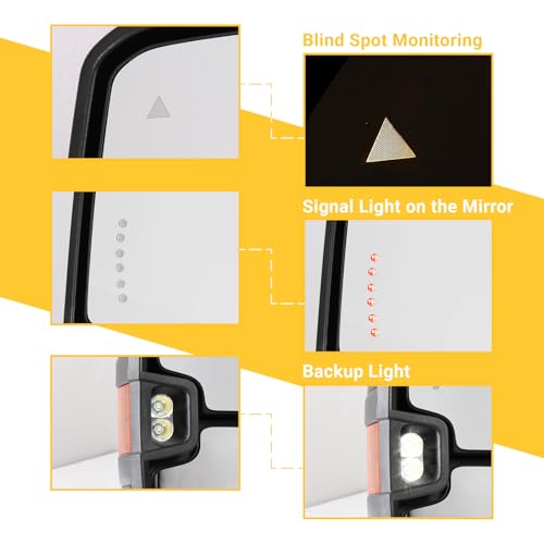 Sanooer Towing Mirrors for Toyota Tundra 2007-2021, Tow Mirror for Toyota Sequoia 2008-2017, Power Glass Heated Arrow Turn Signal, Running Light, Blind Spot Monitoring, Extendable Fold Pair Set (Yellow Lens) - Image 3