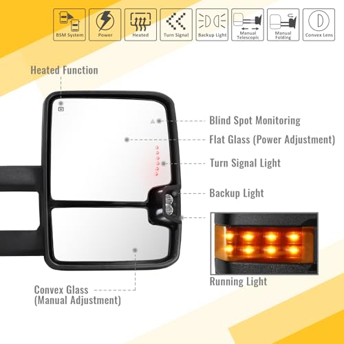 Sanooer Towing Mirrors for Toyota Tundra 2007-2021, Tow Mirror for Toyota Sequoia 2008-2017, Power Glass Heated Arrow Turn Signal, Running Light, Blind Spot Monitoring, Extendable Fold Pair Set (Yellow Lens) - Image 2