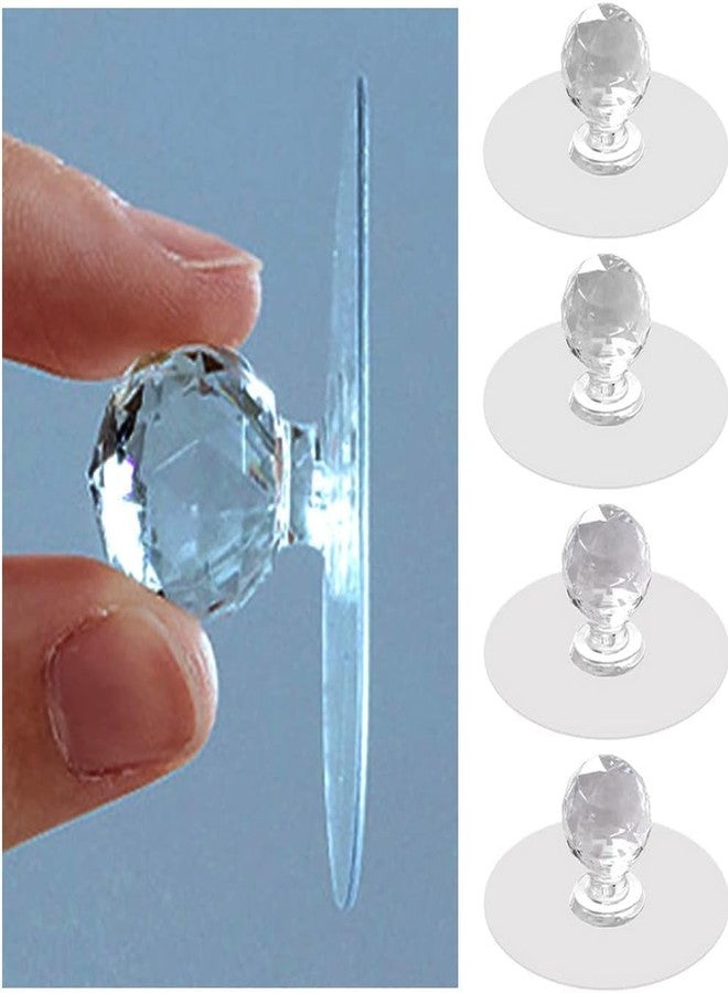 T ESSENTIALS 4 Pcs Self-Adhesive Crystal Acrylic Pull Knobs for Cabinet, Drawer, Wardrobe + Hook Diamond Stickers | Decorative Furniture Handles for Kitchen, Bathroom, Dresser, Door (Clear) - Image 1