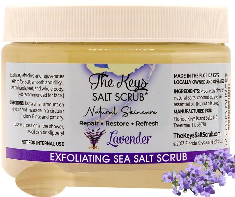 the keys salt scrub The Keys Salt Scrub  Lavender Sea Salt Scrub  Exfoliating Body Scrub with Wooden Spoon  Moisturizing Exfoliator for Face Hands Foot Bath Manicure  Pedicure and Bikini Area Skin Care 12 oz
