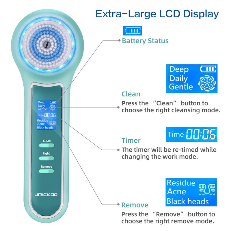 UMICKOO Face Scrubber Exfoliator,Facial Cleansing Brush Waterproof with LCD Screen,Blackhead Remover Vacuum with 5 Brush Heads,Face Spin Brush for Exfoliating, Massaging and Deep Pore Cleansing - Image 4