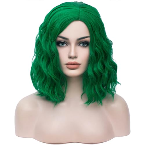 BERON Green Wigs for Womens Short Curly Wavy Hair Wig Girls Dark GreenSide Part Wigs Heat Resistant Synthetic Party Cosplay or Daily Wig