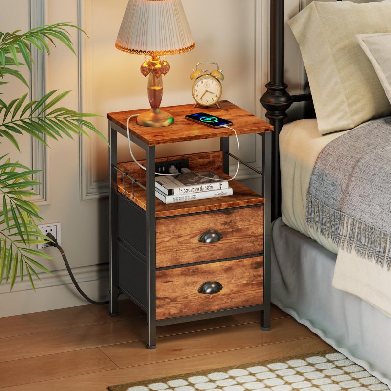 Furologee End Table with Charging Station, Nightstand with Fabric Drawers, Side Table with USB Ports & Outlets, Night Stand with Storage Shelf & Hooks, for Living Room/Bedroom, Rustic Brown - Image 3