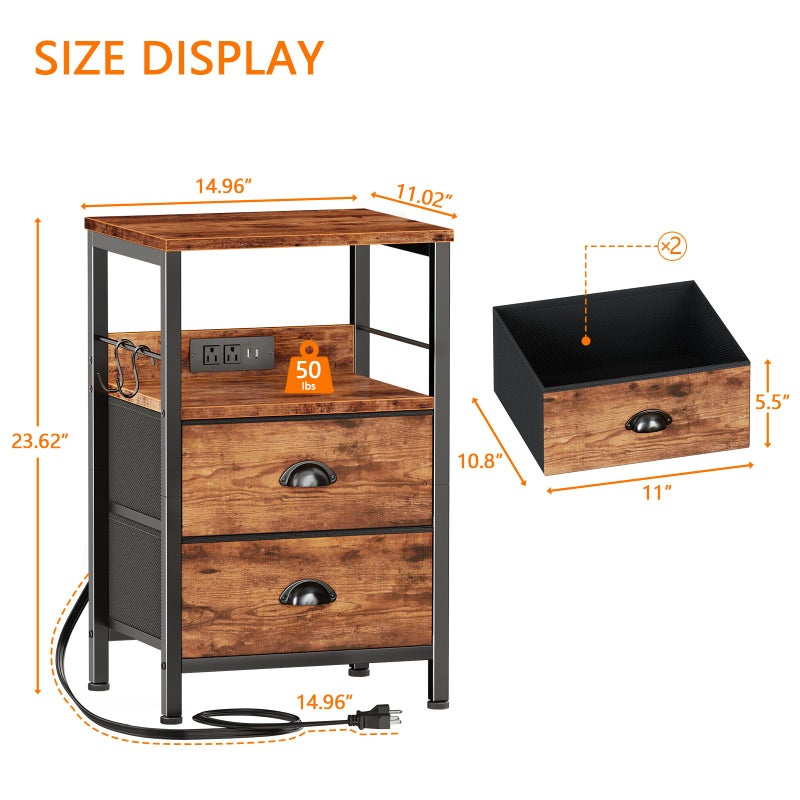 Furologee End Table with Charging Station, Nightstand with Fabric Drawers, Side Table with USB Ports & Outlets, Night Stand with Storage Shelf & Hooks, for Living Room/Bedroom, Rustic Brown - Image 2