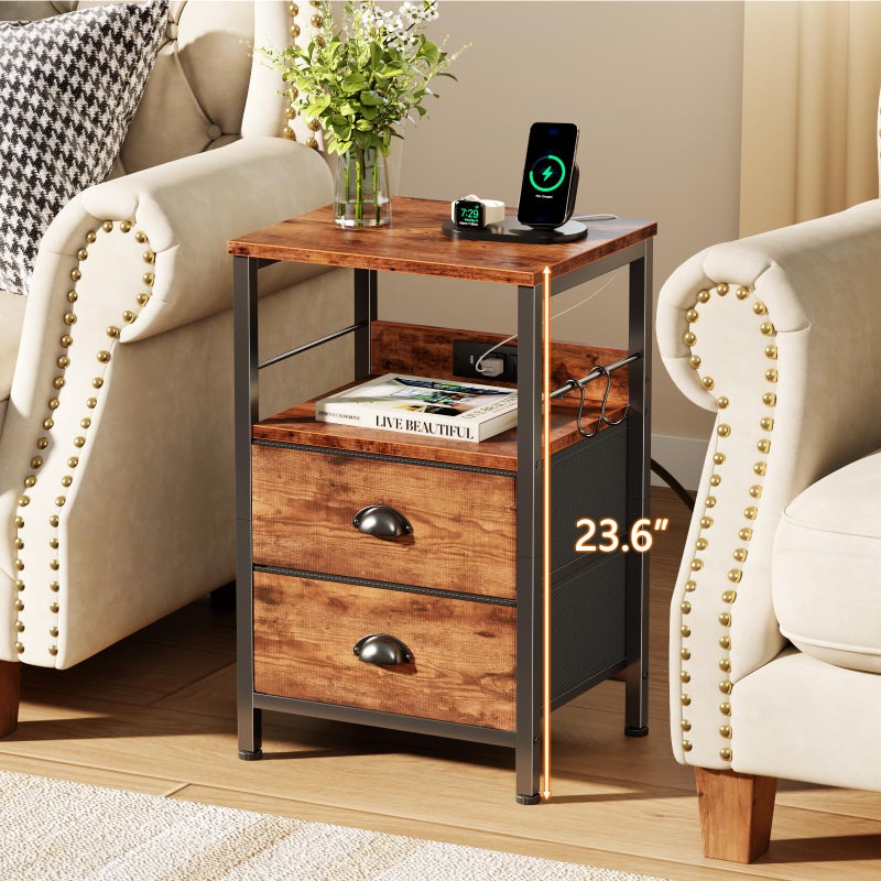 Furologee End Table with Charging Station, Nightstand with Fabric Drawers, Side Table with USB Ports & Outlets, Night Stand with Storage Shelf & Hooks, for Living Room/Bedroom, Rustic Brown - Image 4