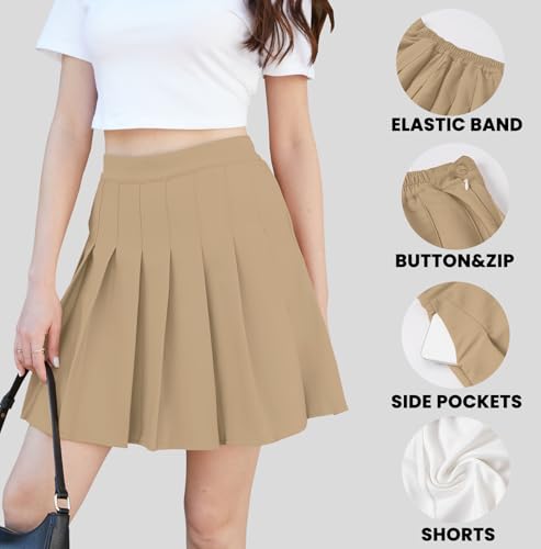 SANGTREE Girls' Pleated Skirt Cheerleader School Uniform Casual High Elastic Waist Flare Skorts Knee Length, Khaki, 11-12 Years= Tag 160 - Image 5