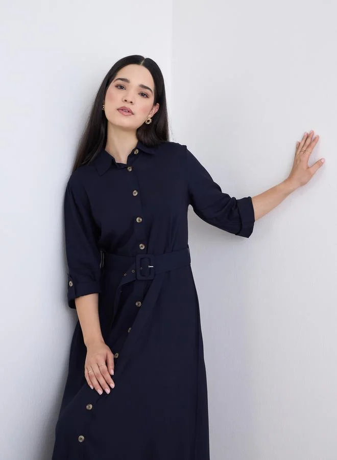 Styli Solid Buttoned Shirt Maxi Dress with 3/4th Sleeves