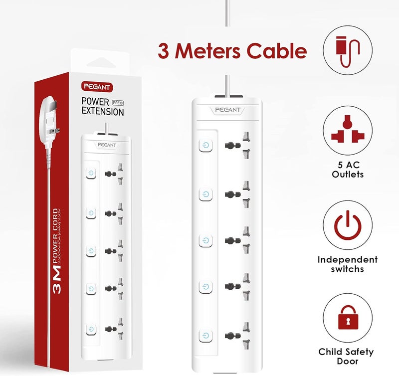 5 Way 3M Power Extension Cord 5 Universal Outlets Electrical Strip UK Plug 3 Meters Cable 250V 2500W Surge Protector (5 Way 3M) - Image 2