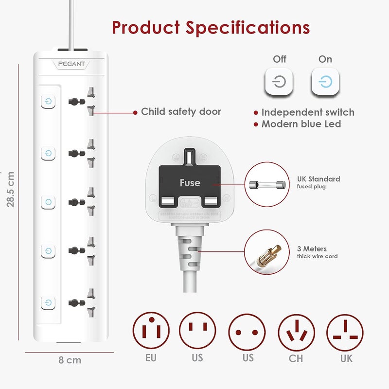 5 Way 3M Power Extension Cord 5 Universal Outlets Electrical Strip UK Plug 3 Meters Cable 250V 2500W Surge Protector (5 Way 3M) - Image 3