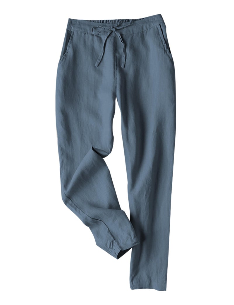 Tanming Linen Pants for Women Summer Casual High Waisted Drawstring White Beach Pant (Bluegrey, XL) - Image 1