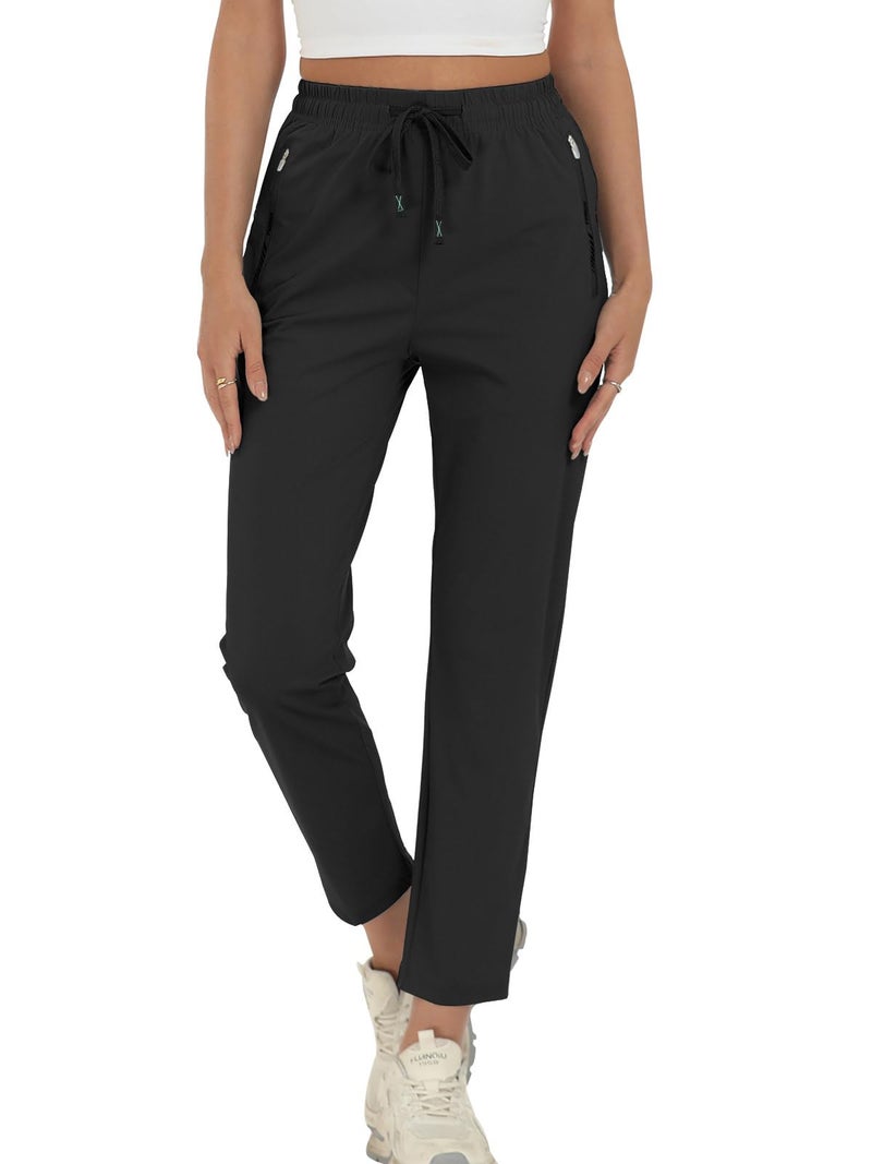 Surenow Womens Active Pants Stretch Breathable Casual Pants with Zip Pocket Lightweight Running Athletic Sweatpants for Women Black - Image 1