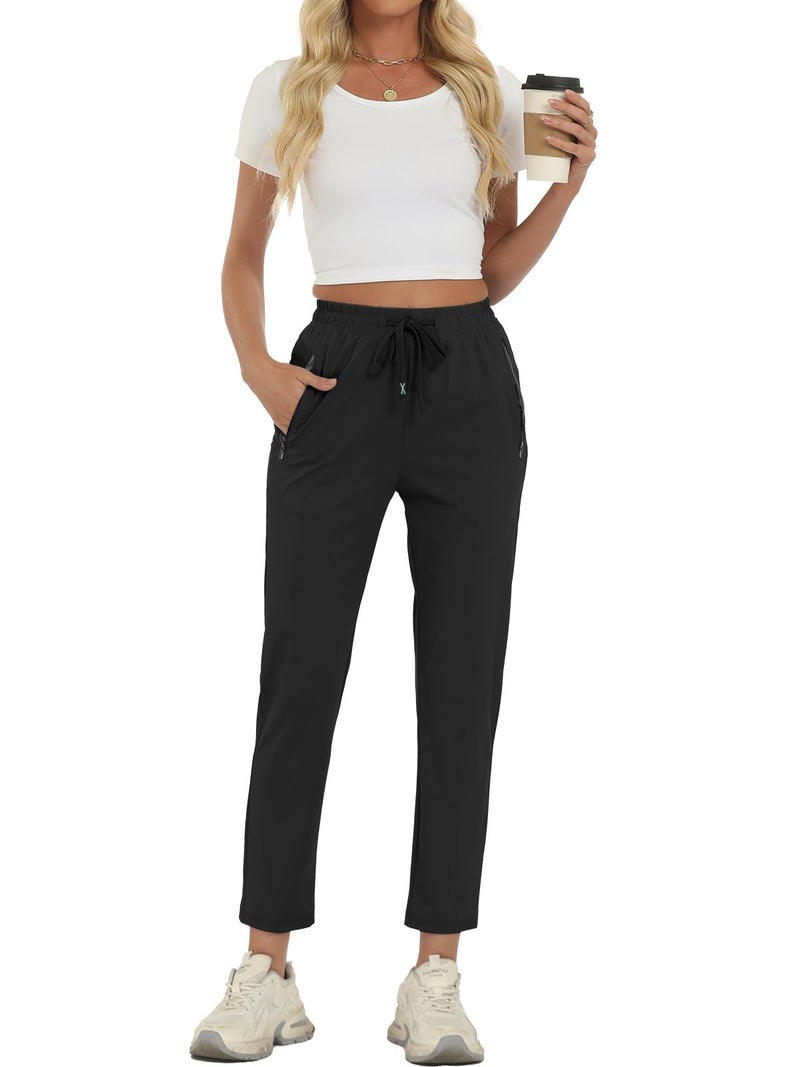 Surenow Womens Active Pants Stretch Breathable Casual Pants with Zip Pocket Lightweight Running Athletic Sweatpants for Women Black - Image 3