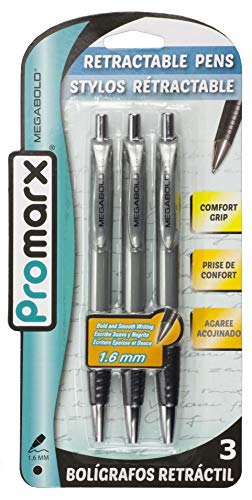 Promarx Megabold Retractable Ballpoint Pens with Comfort Grip, 1.6 mm, Black, 3 Count - Image 1