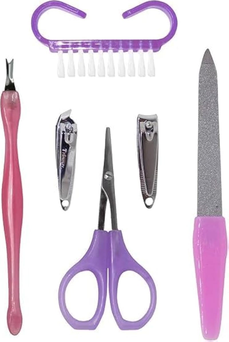 6 Pieces Nail Care Tools Set Including Scissors, File, Nail Clipper, Cuticle Pusher, Pink and Purple