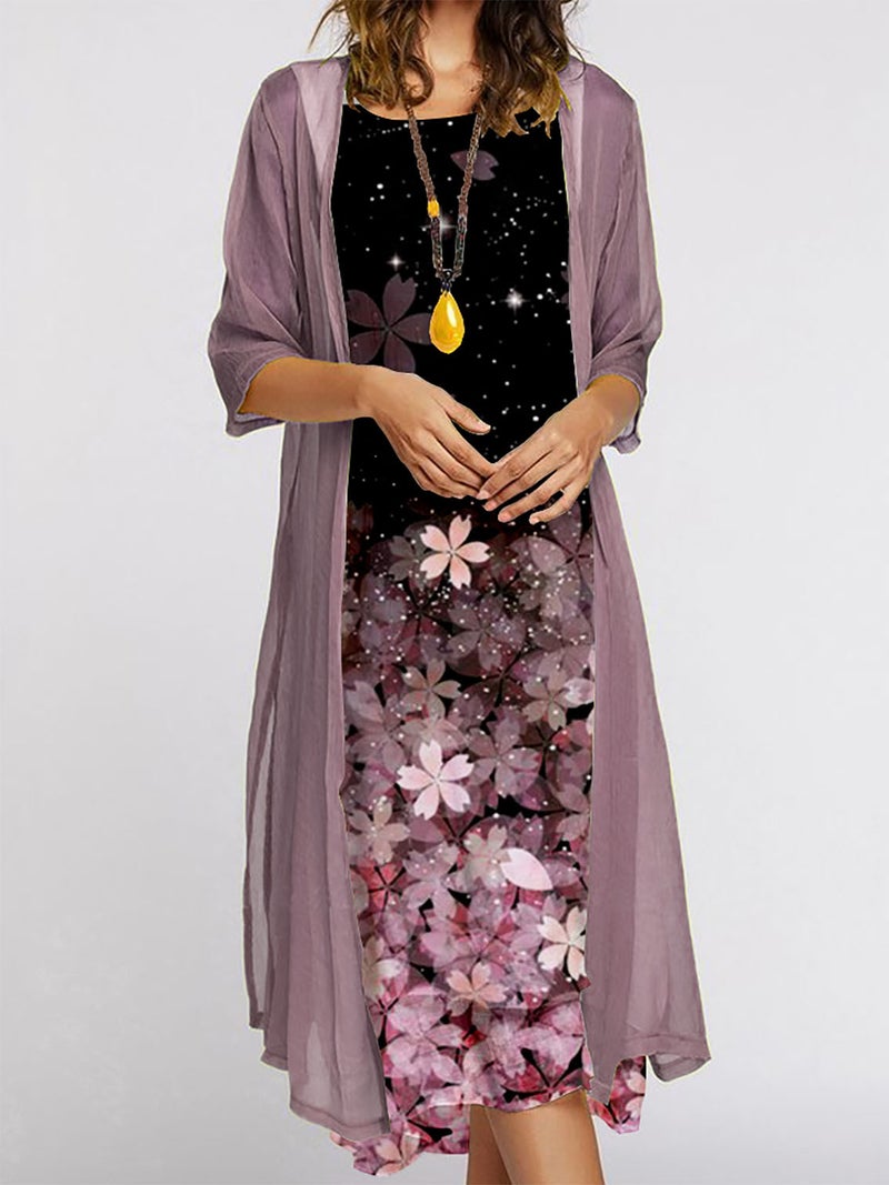 2021 European and American Amazon summer new womens long dress two-piece set flowers and plants printed round neck dress coat for women Pink