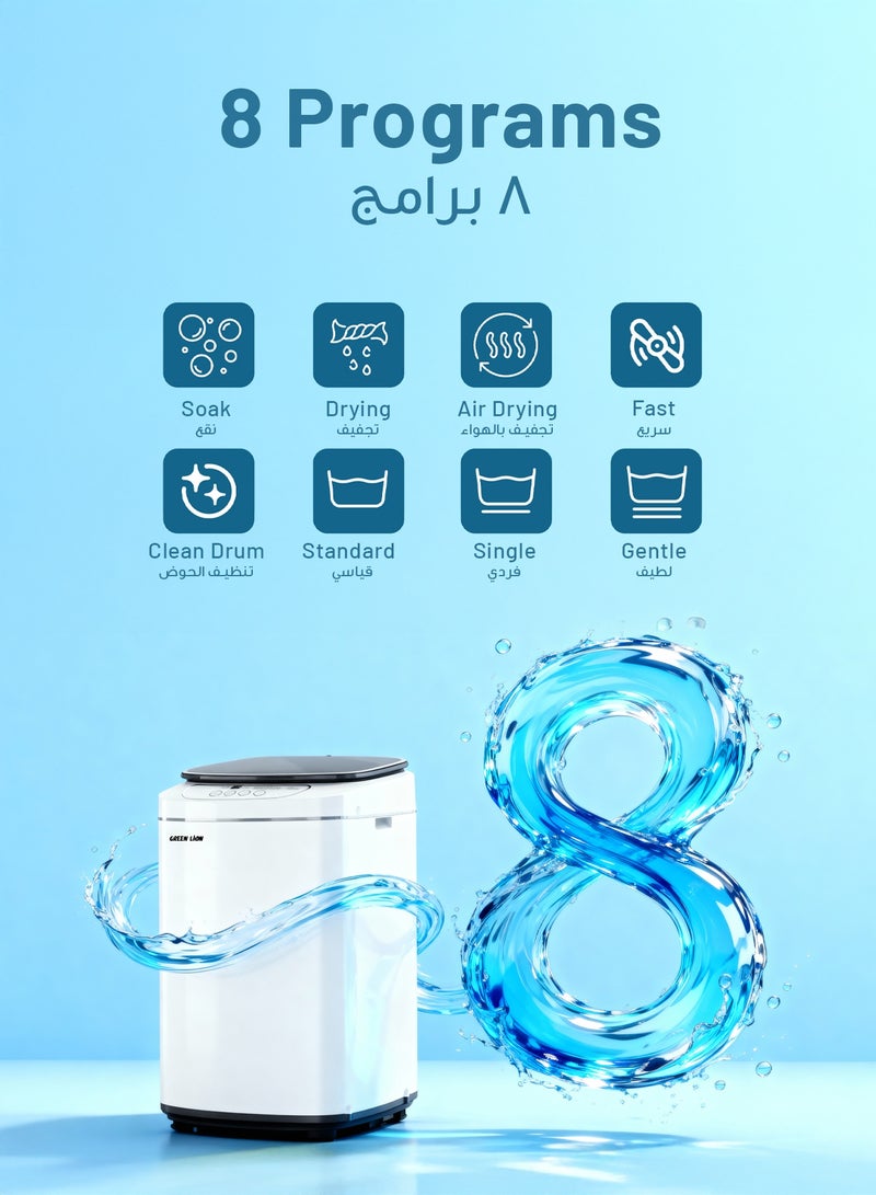 GREEN LION Fully Automatic 4Kg Compact Washing Machine with 8 Smart Programs / 800 RPM / 22L Bucket Volume / Auto Shut Off / Bottom Drain Drainage Method - White - Image 3