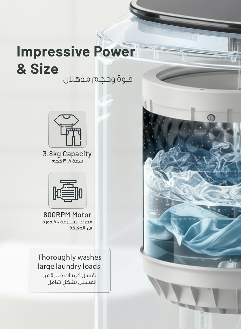 GREEN LION Fully Automatic 4Kg Compact Washing Machine with 8 Smart Programs / 800 RPM / 22L Bucket Volume / Auto Shut Off / Bottom Drain Drainage Method - White - Image 2