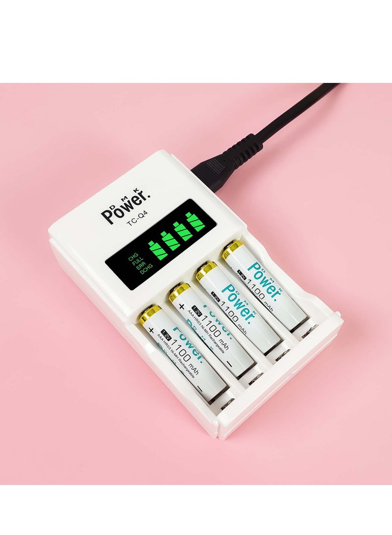 DMK Power DMK Power 4pcs AAA 1.2V 1100mAh High Capacity Rechargeable Batteries and TC-Q4 AAA AA Four Slot Independent Intelligent Quick LCD Charger for Ni-MH/Ni-CD Rechargeable Batteries with 3pin UK Plug Cable - Image 1
