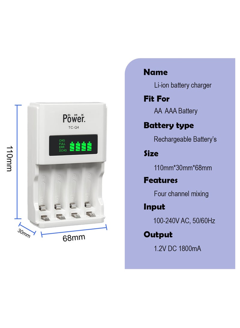 DMK Power DMK Power 4pcs AAA 1.2V 1100mAh High Capacity Rechargeable Batteries and TC-Q4 AAA AA Four Slot Independent Intelligent Quick LCD Charger for Ni-MH/Ni-CD Rechargeable Batteries with 3pin UK Plug Cable - Image 4