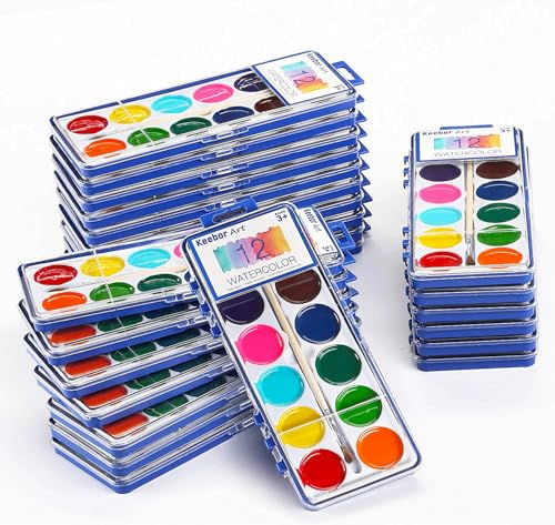 Keebor Watercolor Paint Set for Kids, 12 Colors, 24 Pack Washable Water Colors for Party Favors, Gifts, Classroom Supplies (Wood Brushes Included) - Image 1