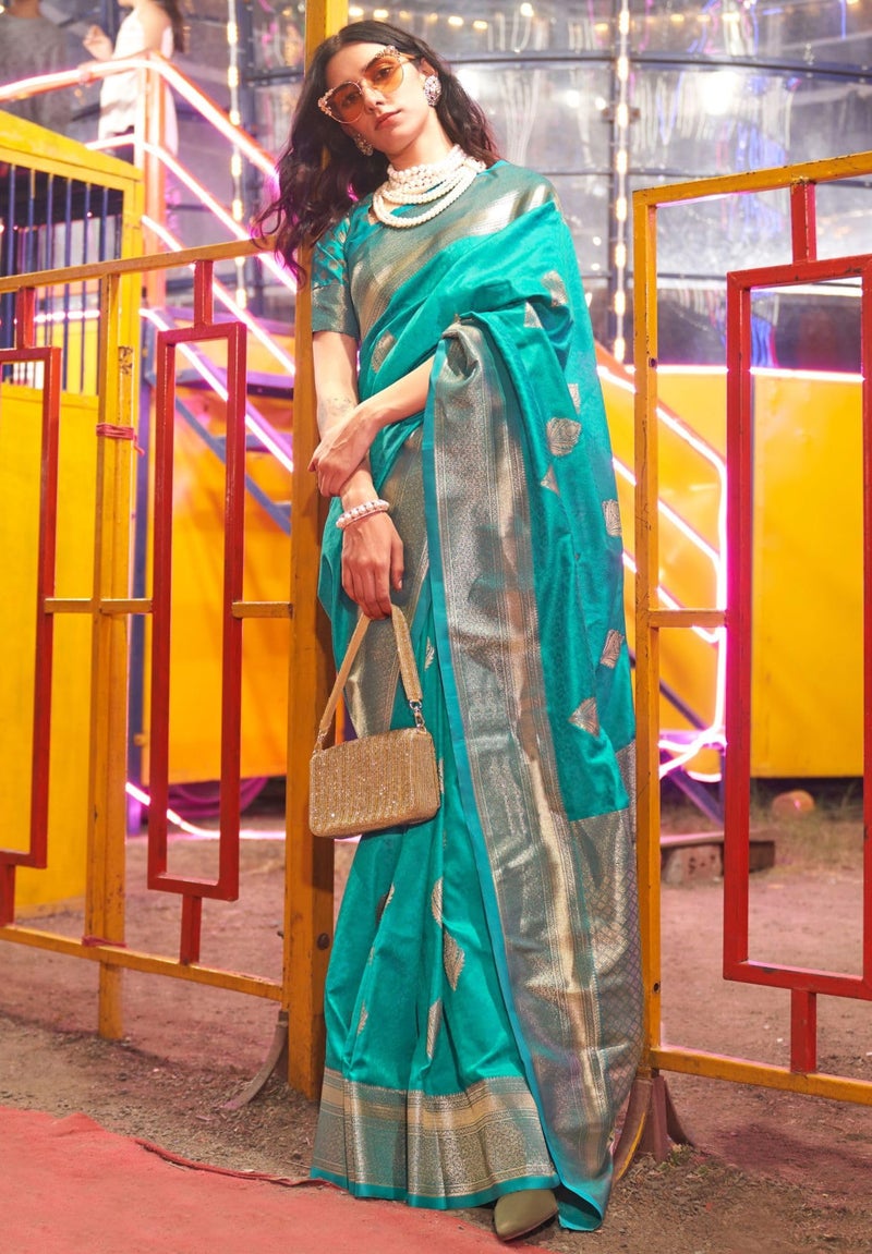 SGF11 Women's Kanjivaram Pure Soft Silk Saree For Women Pure Golden Zari With Blouse Piece (Sea Blue) - Image 2