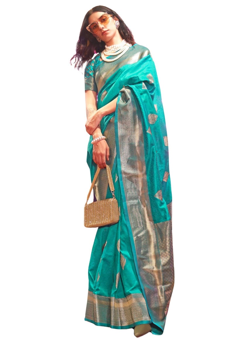 SGF11 Women's Kanjivaram Pure Soft Silk Saree For Women Pure Golden Zari With Blouse Piece (Sea Blue) - Image 1