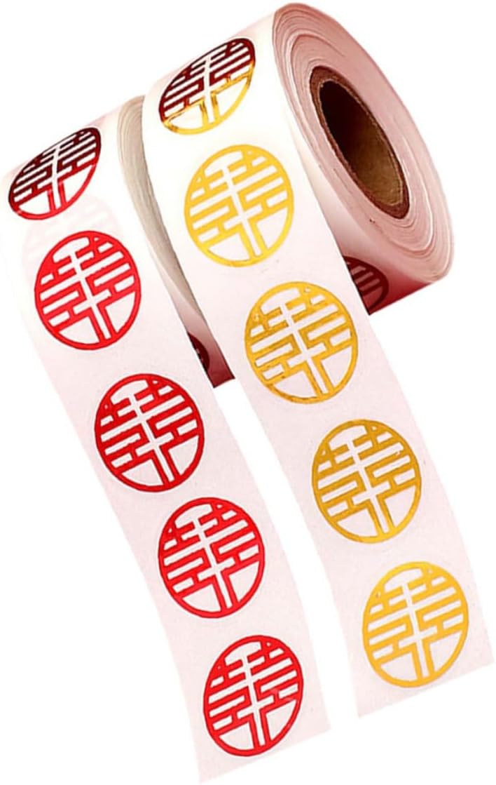 ملصقات ظرف الزفاف من نوع “Double Happiness” من شركة VILLCASE، لاصقة ذاتية الالتصاق باللونين الأحمر والذهبي، مثالية لمستلزمات الحفلات وتغليف الزفاف. تحتوي العبوة على 2 رول، كل رول يحتوي على 500 ملصق. - Image 1