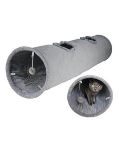 A.M Collapsible Cat Tunnel 2 Window Suede Cat Play Tube Toy for Large Cats with Scratching Ball Crinkle Paper, Long 130 cm x diameter 30 cm, Grey  - Image 1