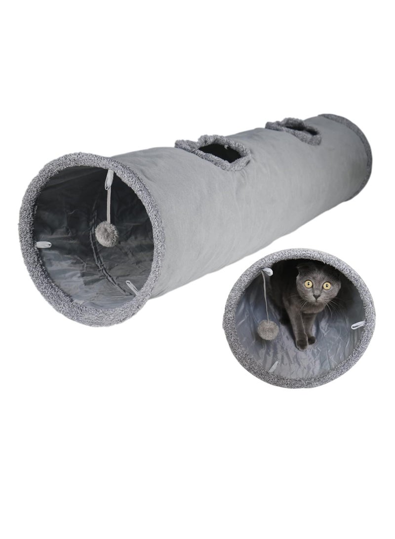 A.M Collapsible Cat Tunnel 2 Window Suede Cat Play Tube Toy for Large Cats with Scratching Ball Crinkle Paper, Long 130 cm x diameter 30 cm, Grey - Image 1