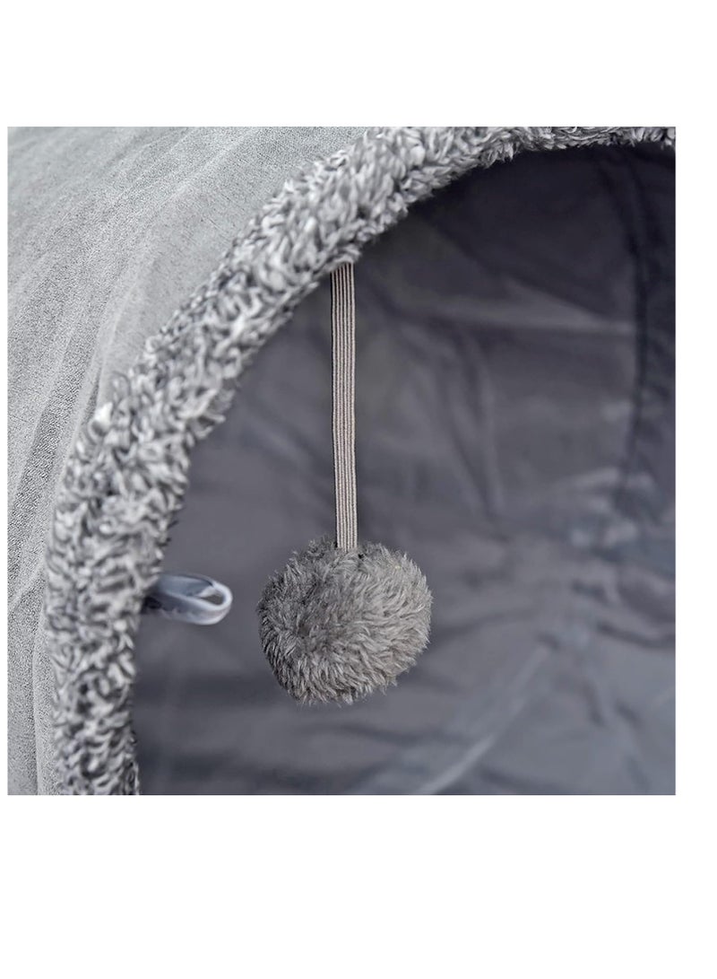 A.M Collapsible Cat Tunnel 2 Window Suede Cat Play Tube Toy for Large Cats with Scratching Ball Crinkle Paper, Long 130 cm x diameter 30 cm, Grey - Image 3