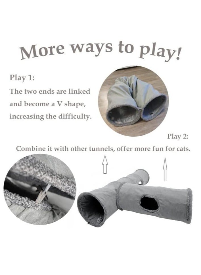 A.M Collapsible Cat Tunnel 2 Window Suede Cat Play Tube Toy for Large Cats with Scratching Ball Crinkle Paper, Long 130 cm x diameter 30 cm, Grey - Image 4