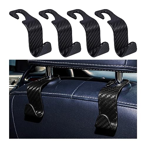Kewucn 4 Pack Car Seat Headrest Hook Stylish Back Seat Hook Holder Organizer for Handbag Purse Clothes Coats Grocery Bags Universal Vehicle Interior Accessories for Most Cars Carbon Fiber Black - Image 1
