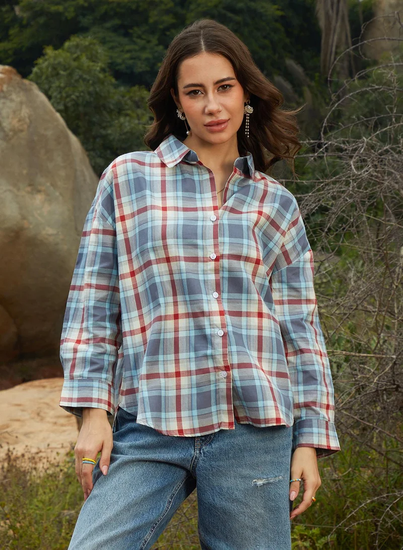 Campus Sutra Women's Icy Blue & Brick Red Tartan Plaid Oversized Shirt For Casual Wear | Spread Collar | Long Sleeve | Button Closure | Oversized Shirt Crafted With Comfort Fit For Everyday Wear