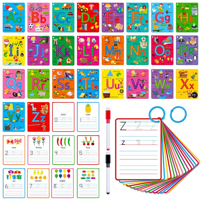 SpriteGru 31 PCS Alphabet Flash Cards Doublesided Printing Dry Erase Letters Sight Words and Number Learning Cards Letter Tracing Practice Cards for Preschool Kindergarten 2 Reclosable Rings  2 Markers - Image 1