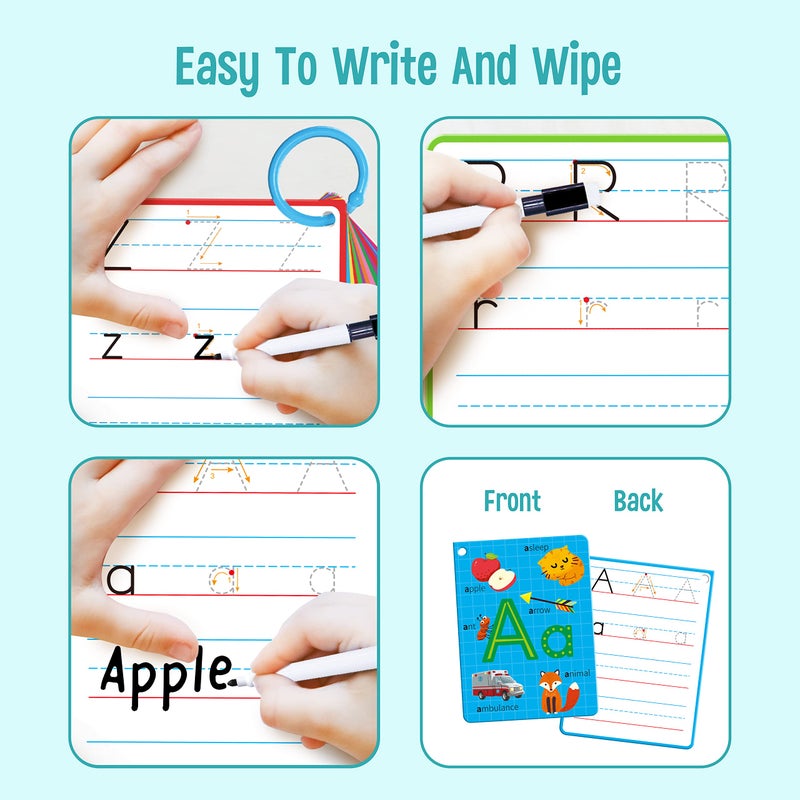 SpriteGru 31 PCS Alphabet Flash Cards Doublesided Printing Dry Erase Letters Sight Words and Number Learning Cards Letter Tracing Practice Cards for Preschool Kindergarten 2 Reclosable Rings  2 Markers - Image 4